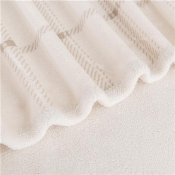 Reversible Velvet Plush and Faux Shearling Throw Blanket, Beige Plaid, Bedding - Picture 5 of 5